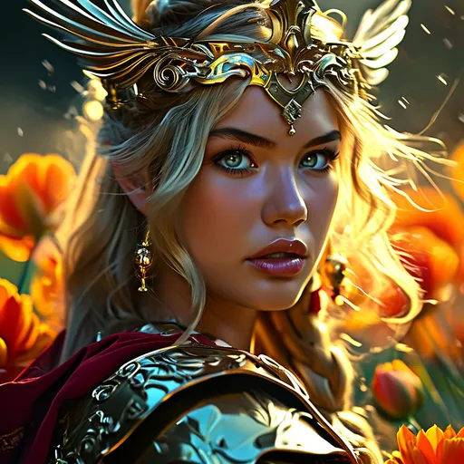 Prompt: Lua, golden haired Roman Warrior Goddess of weapons, pre-Raphaelite time-lapse motion blur Abstract* cyber graffiti, High resolution, detailed portrait, Midjourney style, ethereal atmosphere, flowing hair, captivating eyes, cosmic mystical aura, vibrant colors, soft lighting, professional, digital painting, enchanting presence, fantasy, dreamy, female, mystical, detailed hair, captivating gaze, professional lighting, hyper realistic, HD 4k 3D, professional modeling, ethereal, gorgeous face, ambient divine glow, detailed and intricate, elegant, ethereal, mythical, goddess, radiant lighting, gladiolus flowers, fiery battlefield, weapon