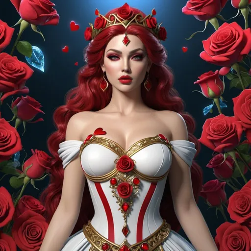 Prompt: HD 4k 3D, hyper realistic, professional modeling, enchanted evil Princess of Hearts, fierce, beautiful, magical, Wonderland, red roses, detailed, elegant, ethereal, mythical, Greek goddess, surreal lighting, majestic, goddesslike aura