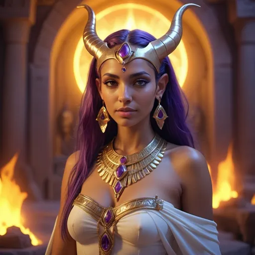 Prompt: HD 4k 3D, 8k, hyper realistic, professional modeling, ethereal Egyptian Soul Goddess Bat, beautiful, glowing olive skin, purple hair, mythical clothing and jewelry, tiara, cow ears and horns, full body surrounded by magical, glowing firelight, cow companions, Nile River in colorful background, surrounded by ambient divine glow, detailed, elegant, surreal dramatic lighting, majestic, goddesslike aura, octane render, fantasy setting, otherworldy