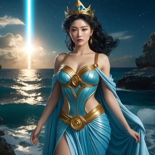 Prompt: HD 4k 3D 8k professional modeling photo hyper realistic beautiful woman enchanted Uranus Princess Haruka, ethereal greek goddess, full body surrounded by ambient glow, magical, highly detailed, intricate, beautiful Sailor Uranus style, Uranus, goddess of sky, weather powers, outdoor landscape, highly realistic woman, high fantasy background, elegant, mythical, surreal lighting, majestic, goddesslike aura, Annie Leibovitz style 

