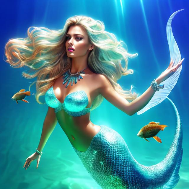 Prompt: HD 4k 3D 8k professional modeling photo hyper realistic beautiful woman ethereal greek goddess Antarctica mermaid
light green half up hair tan skin gorgeous face  jewelry diadem colored mermaid tail full body surrounded by ambient glow hd landscape under icy ocean water glaciers Antarctica mermaid

