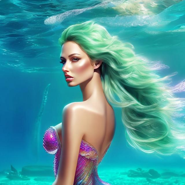 Prompt: HD 4k 3D 8k professional modeling photo hyper realistic beautiful woman ethereal greek goddess Antarctica mermaid
light green half up hair tan skin gorgeous face  jewelry diadem colored mermaid tail full body surrounded by ambient glow hd landscape under icy ocean water glaciers Antarctica mermaid

