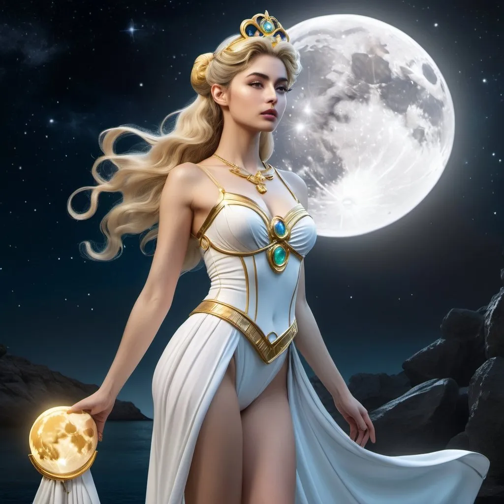 Prompt: HD 4k 3D 8k professional modeling photo hyper realistic beautiful woman enchanted Moon Princess Serenity, ethereal greek goddess, full body surrounded by ambient glow, magical, highly detailed, intricate, beautiful Sailor Moon style, Moon, lunar, outdoor landscape, highly realistic woman, high fantasy background, elegant, mythical, surreal lighting, majestic, goddesslike aura, Annie Leibovitz style 

