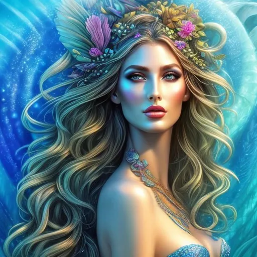 Prompt: HD 4k 3D 8k professional modeling photo hyper realistic beautiful woman ethereal greek goddess druid mermaid
cobalt blue hair olive skin gorgeous face  jewelry druid crown colored mermaid tail full body surrounded by ambient glow hd landscape under lush celtic waters

