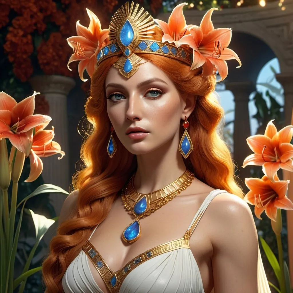Prompt: HD 4k 3D, 8k, hyper realistic, professional modeling, ethereal Greek Goddess Queen of Thebes, orange hair, ivory skin, gorgeous glowing face, priestess dress, red gemstone jewelry and diadem,= oracle, palace garden, amaryllis flowers, surrounded by ambient divinity glow, detailed, elegant, mythical, surreal dramatic lighting, majestic, goddesslike aura