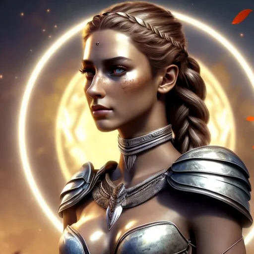 Prompt: HD 4k 3D 8k professional modeling photo hyper realistic beautiful fierce Amazonian warrior woman ethereal greek goddess of Rome
white pigtail braided hair hazel eyes black skin gorgeous face silver armor silver jewelry silver winged helmet crown of leaves full body surrounded by ambient glow hd landscape background standing in front of ancient Rome, accompanied by wolves 
