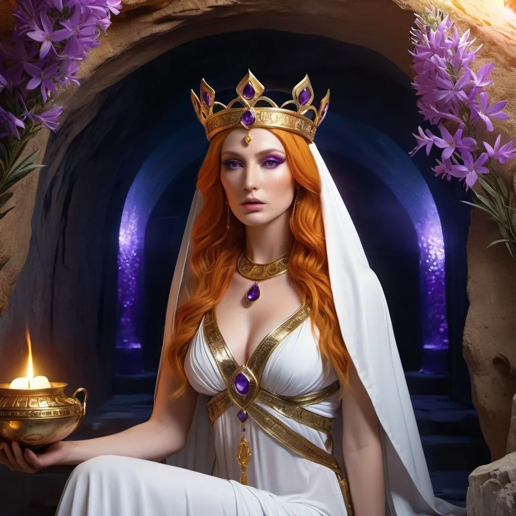 Prompt: HD 4k 3D, 8k, hyper realistic, professional modeling, ethereal Greek Goddess and Oracle of Delphi, orange hair, pale skin, gorgeous glowing face, high priestess white gown, purple veil, tourmaline jewelry and gold crown, cavern with fumes and vapors, mysterious cave adorned with oleander flowers, fortune teller and diviner, large python, surrounded by ambient divinity glow, detailed, elegant, mythical, surreal dramatic lighting, majestic, goddesslike aura