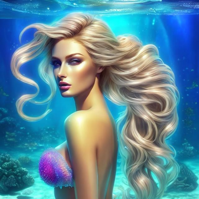 Prompt: HD 4k 3D 8k professional modeling photo hyper realistic beautiful woman ethereal greek goddess Antarctic sea nymph Oceanid
light green half up hair tan skin gorgeous face  jewelry diadem colored mermaid tail full body surrounded by ambient glow hd landscape under icy ocean water glaciers Antarctica mermaid

