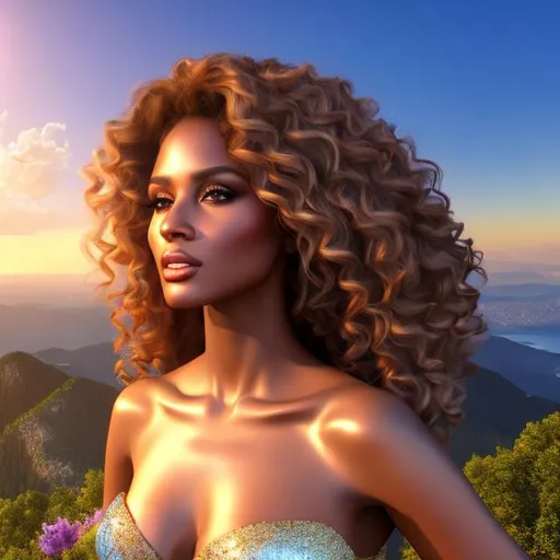 Prompt: HD 4k 3D 8k professional modeling photo hyper realistic beautiful woman ethereal greek goddess pixie of the morning breeze
brown curly hair gorgeous face brown skin billowing gown beautiful jewelry polos crown pixie wings full body surrounded by ambient aura glow hd landscape  on mountain at morning 

