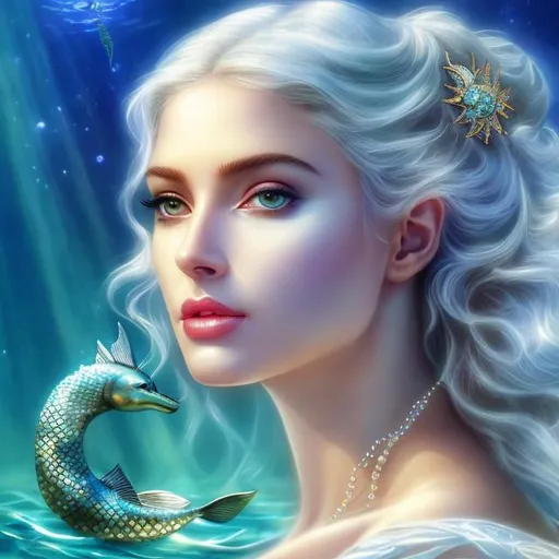 Prompt: HD 4k 3D, hyper realistic, professional modeling, ethereal Greek goddess of fresh water, white hair, mixed skin, gorgeous face, gorgeous mermaid, freshwater jewelry and headband, full body, ambient glow, lady of the lake, mermaid, landscape, detailed, elegant, ethereal, mythical, Greek, goddess, surreal lighting, majestic, goddesslike aura