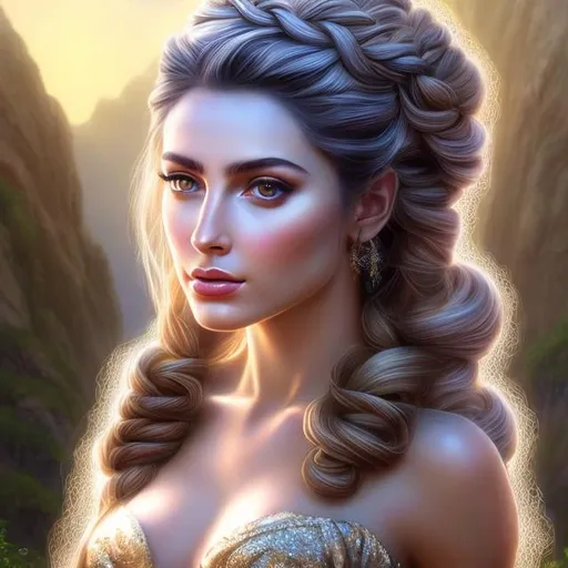 Prompt: HD 4k 3D, hyper realistic, professional modeling, ethereal Greek goddess of mountains, purple braided hair, tan skin, gorgeous face, gorgeous mountain inspired dress,  rustic jewelry and diadem, full body, ambient glow, mountain and rock nymph, landscape, detailed, elegant, ethereal, mythical, Greek, goddess, surreal lighting, majestic, goddesslike aura