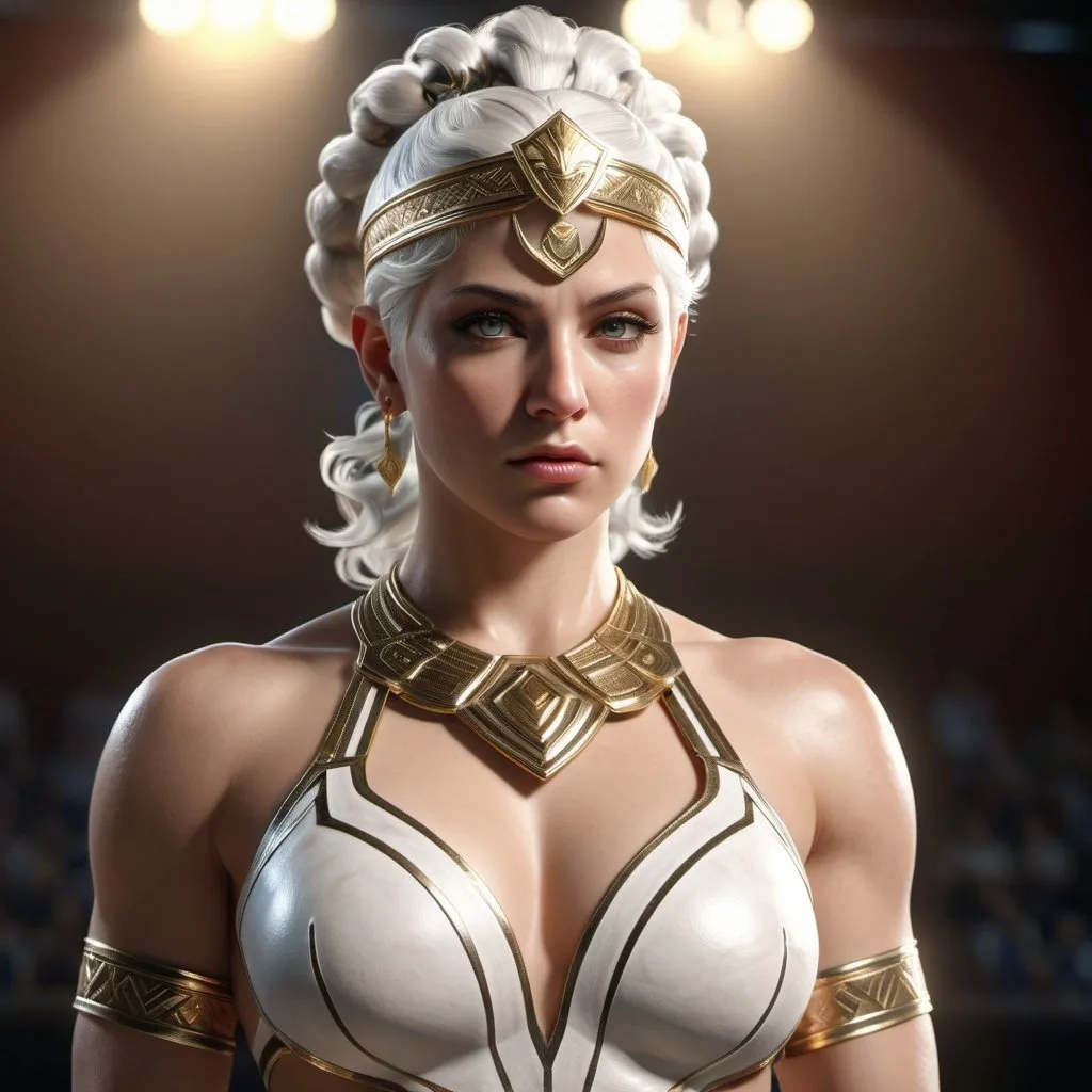 Prompt: HD 4k 3D, hyper realistic, professional modeling, ethereal Greek Goddess of Wrestling, short white hair, fair skin, gorgeous face,  grecian warrior armor, agate jewelry and headpiece, full body, athletic, olympian, muscular, in olympic forum, detailed, elegant, ethereal, mythical, Greek, goddess, surreal lighting, majestic, goddesslike aura