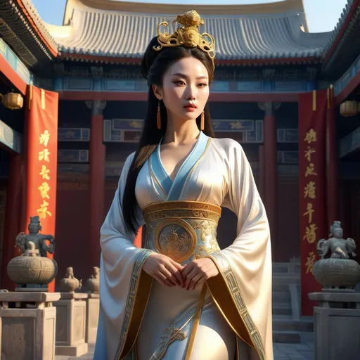 Prompt: HD 4k 3D 8k professional modeling photo hyper realistic beautiful woman Imperial Chinese Princess ethereal greek goddess gorgeous face full body surrounded by ambient glow, enchanted, magical, detailed, highly realistic woman, high fantasy background, Forbidden City courtyard China, elegant, mythical, surreal lighting, majestic, goddesslike aura, Annie Leibovitz style 

