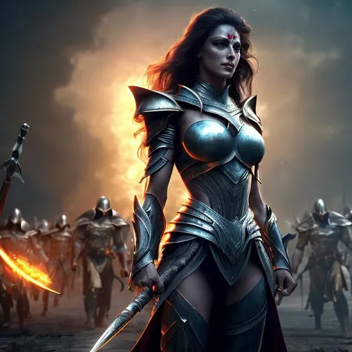 Prompt: HD 4k 3D 8k professional modeling photo hyper realistic beautiful frail demon woman ethereal greek goddess of retreat
dark blue hair updo yellow eyes gorgeous face pale skin tattered armor with shield and white flag full body surrounded by ambient glow hd landscape background retreating from battle 
