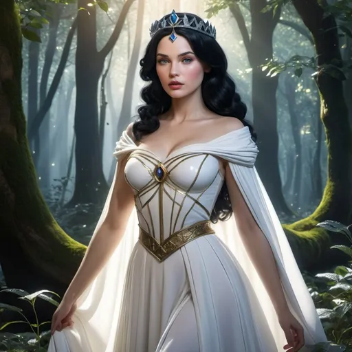 Prompt: HD 4k 3D, hyper realistic, professional modeling, enchanted German Princess - Snow White, black hair, beautiful, magical, beautiful forest, detailed, elegant, ethereal, mythical, Greek goddess, surreal lighting, majestic, goddesslike aura
