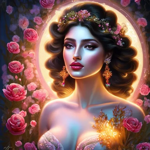 Prompt: HD 4k 3D, hyper realistic, professional modeling, ethereal Greek goddess of flower buds, red ombre hair, black skin, floral gown, gorgeous face, floral jewelry and headpiece, full body, ambient glow, beautiful goddess surrounded by budding flowers in spring, flower buds,  detailed, elegant, ethereal, mythical, Greek, goddess, surreal lighting, majestic, goddesslike aura