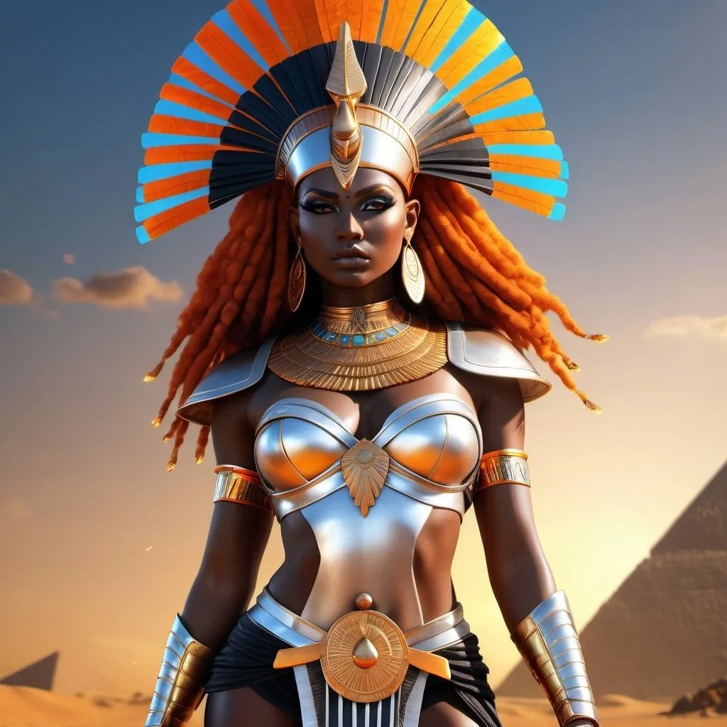 Prompt: HD 4k 3D, 8k, hyper realistic, professional modeling, ethereal Egyptian Goddess style, Feline Goddess of War, beautiful, standing on battlefield, glowing black skin, fiery orange hair, mythical armor, headpiece, full body, fierce and dangerous, Fantasy setting, surrounded by ambient divine glow, detailed, elegant, surreal dramatic lighting, majestic, goddesslike aura, octane render, artistic and whimsical