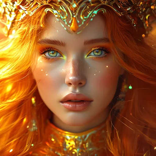 Prompt: Vacuna, Orange Goddess of War, Pre-Raphaelite time-lapse motion blur Abstract* cyber graffiti, High resolution, detailed portrait, Midjourney style, ethereal atmosphere, flowing hair, captivating eyes, cosmic mystical aura, vibrant colors, soft lighting, professional, digital painting, enchanting presence, fantasy, dreamy, female, mystical, detailed hair, captivating gaze, professional lighting, hyper realistic, HD 4k 3D, professional modeling, ethereal, gorgeous face, ambient divine glow, detailed and intricate, elegant, ethereal, mythical, goddess, radiant lighting, majestic, goddesslike aura