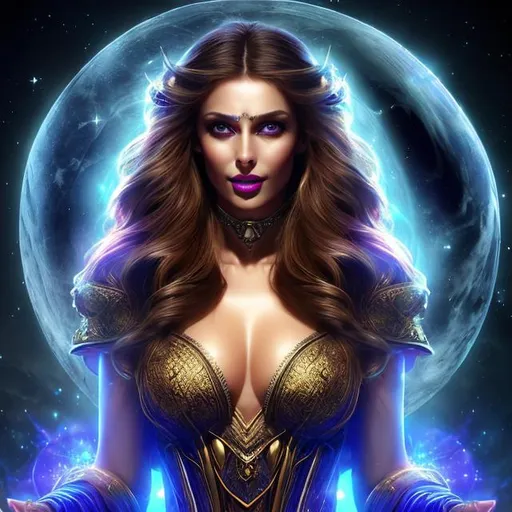 Prompt: HD 4k 3D 8k professional modeling photo hyper realistic beautiful sorceress woman ethereal greek goddess of magic
chestnut brown hair light eyes black skin gorgeous face mystical dress magical jewelry diadem on head surrounded by magic ambient glow hd landscape dark night sitting on throne under the moon dogs at her side magical atmosphere
