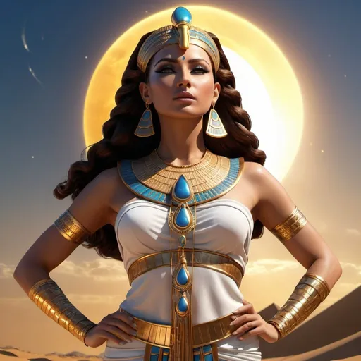 Prompt: HD 4k 3D, 8k, hyper realistic, professional modeling, ethereal Egyptian Queen Goddess Hathor, beautiful, glowing medium skin, brown hair, mythical clothing and jewelry, diadem, Goddess of the Sky, full body, powerful and vengeful, Sun and Sky in background, surrounded by ambient divine glow, detailed, elegant, surreal dramatic lighting, majestic, goddesslike aura