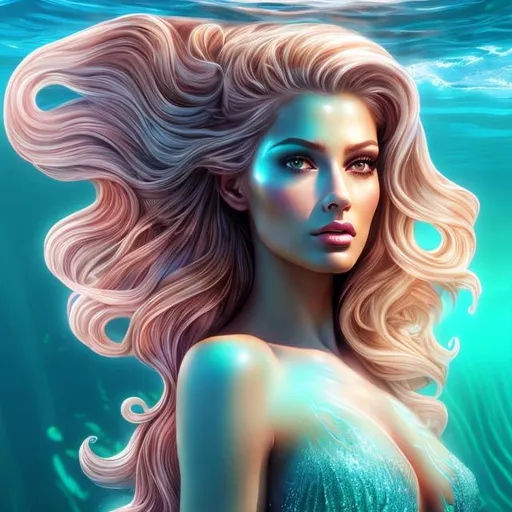Prompt: HD 4k 3D 8k professional modeling photo hyper realistic beautiful woman ethereal greek goddess Antarctic sea nymph Oceanid
light green half up hair tan skin gorgeous face  jewelry diadem colored mermaid tail full body surrounded by ambient glow hd landscape under icy ocean water glaciers Antarctica mermaid

