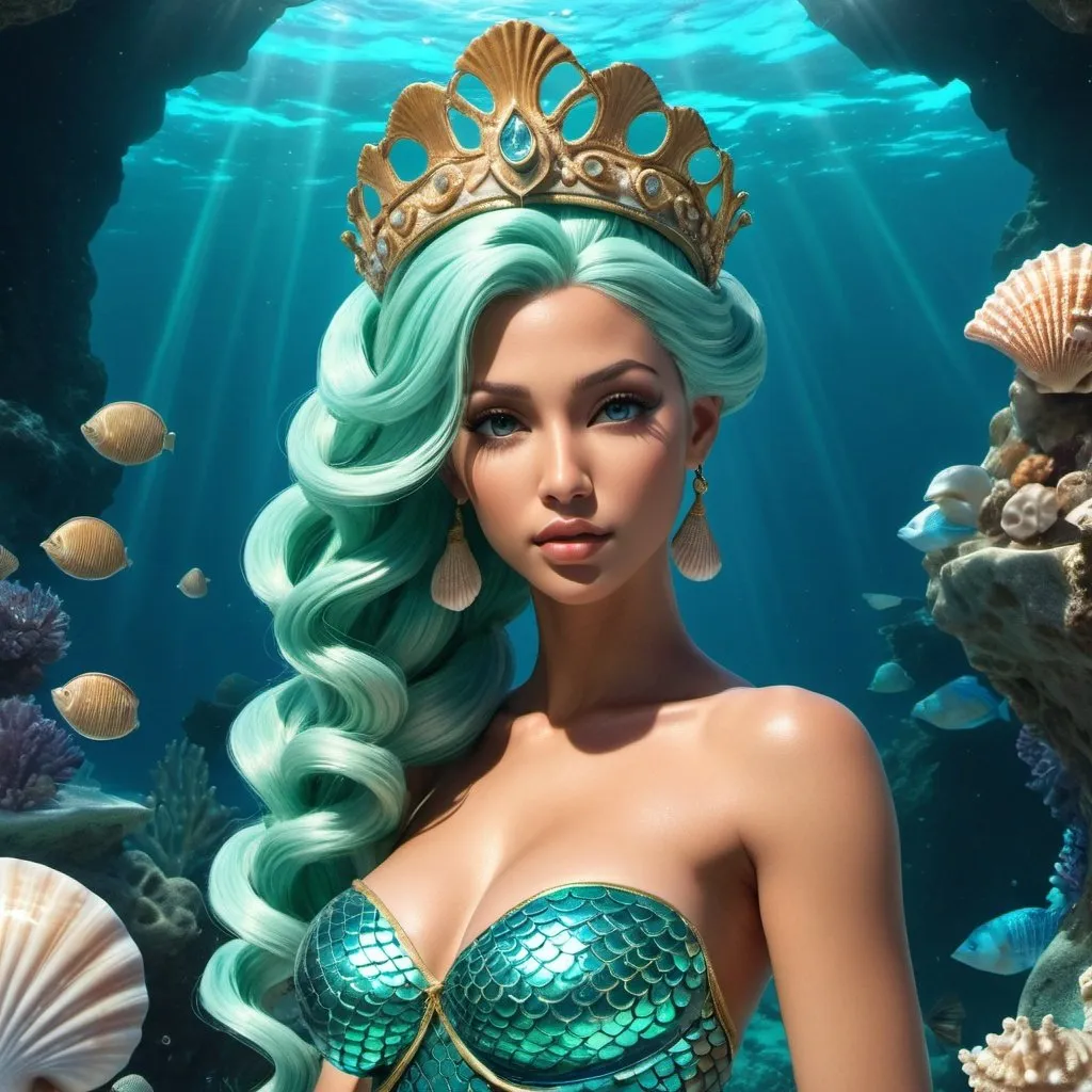 Prompt: HD 4k 3D, hyper realistic, professional modeling, ethereal Greek Goddess and Sea Nymph, seafoam green ponytail hair, tan skin, gorgeous face, beautiful mermaid, aquamarine jewelry and seashell crown, full body divine glow, sea nymph, Mediterranean ocean grotto , mermaid, detailed, elegant, ethereal, mythical, Greek, goddess, surreal lighting, majestic, goddesslike aura