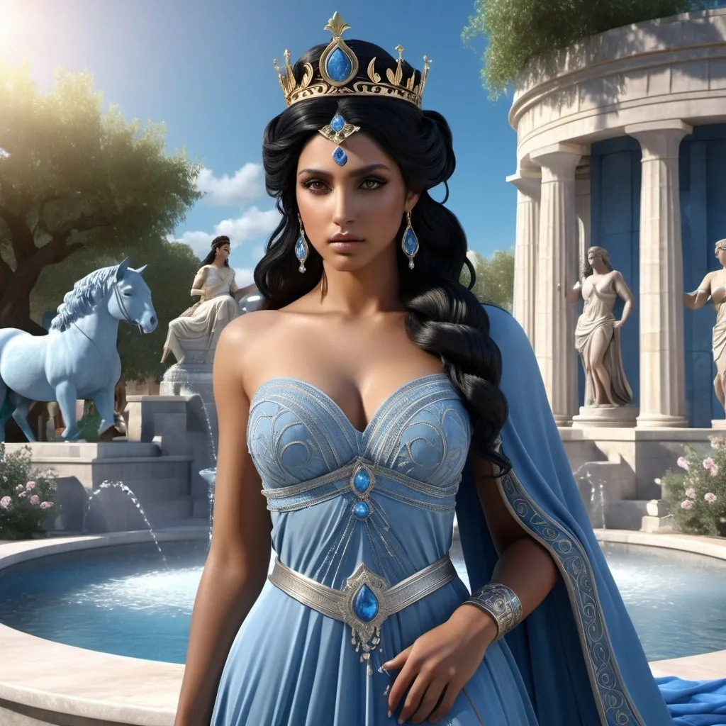 Prompt: HD 4k 3D, 8k, hyper realistic, professional modeling, ethereal Greek Goddess and Trojan Princess, black hair, brown skin, gorgeous glowing face, blue gown, silver jewelry and crown, garden fountain, dusty miller lacy flowers, paradise, surrounded by ambient divinity glow, detailed, elegant, mythical, surreal dramatic lighting, majestic, goddesslike aura