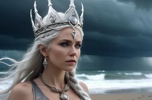 Prompt: Hludana Norse Goddess of violent winds, hyper realistic, HD 4k 3D, professional modeling, ethereal, light gray hair, white skin, gorgeous face, gorgeous jewelry and crown, on a beach in a storm, ambient glow, detailed, elegant, ethereal, mythical, goddess, moody lighting, majestic, goddesslike aura, Norse Mythology