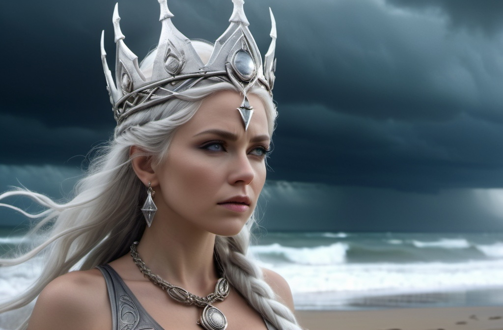 Prompt: Hludana Norse Goddess of violent winds, hyper realistic, HD 4k 3D, professional modeling, ethereal, light gray hair, white skin, gorgeous face, gorgeous jewelry and crown, on a beach in a storm, ambient glow, detailed, elegant, ethereal, mythical, goddess, moody lighting, majestic, goddesslike aura, Norse Mythology