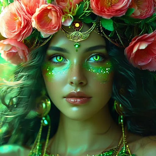 Prompt: Rumina, Ancient Green Goddess of Motherhood, Pre-Raphaelite time-lapse motion blur Abstract* cyber graffiti, High resolution, detailed portrait, Midjourney style, ethereal atmosphere, flowing hair, captivating eyes, cosmic mystical aura, vibrant colors, soft lighting, professional, digital painting, enchanting presence, fantasy, dreamy, female, mystical, detailed hair, captivating gaze, professional lighting, hyper realistic, HD 4k 3D, professional modeling, ethereal, gorgeous face, ambient divine glow, detailed and intricate, elegant, ethereal, mythical, goddess, radiant lighting, majestic, goddesslike aura, kind, gentle, carnation symbols, full body