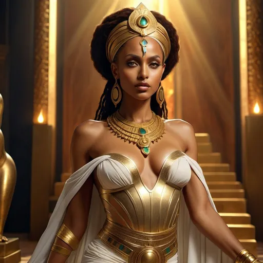 Prompt: HD 4k 3D 8k professional modeling photo hyper realistic beautiful woman Abyssinian princess - Nawa, ethereal greek goddess, Ethiopian goddess, full body surrounded by ambient glow, enchanted, magical, highly detailed, intricate, highly realistic woman, high fantasy background, Queen of Sheba style, elegant, mythical, surreal lighting, majestic, goddesslike aura, Annie Leibovitz style 

