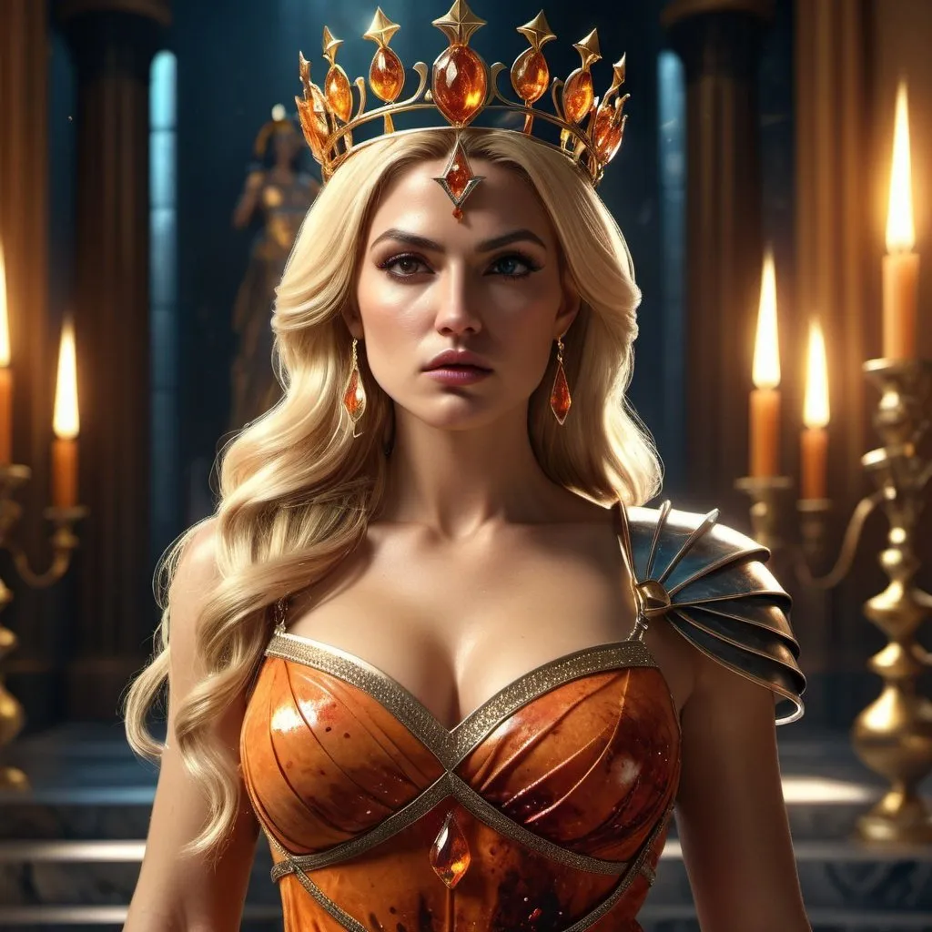 Prompt: HD 4k 3D, 8k, hyper realistic, professional modeling, ethereal Greek Goddess Spartan Princess, blonde hair, medium skin, gorgeous glowing face, regal colorful dress, orange gemstone jewelry and tiara, evil queen, holding dagger, bloody splatter, surrounded by ambient divinity glow, detailed, elegant, mythical, surreal dramatic lighting, majestic, goddesslike aura