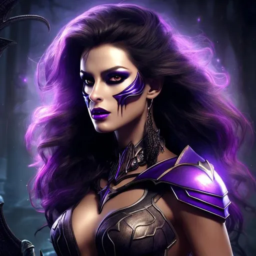 Prompt: HD 4k 3D 8k professional modeling photo hyper realistic beautiful woman ethereal greek fury the jealous one
dark purple snakes for hair dark eyes dark skin gorgeous face fierce greek warrior bloody dress gothic jewelry large bat wings surrounded by ambient glow hd landscape dark spooky underworld river during war
