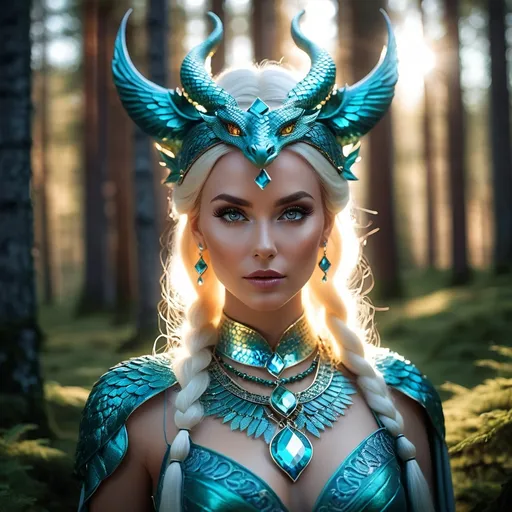 Prompt: Finnish Ajatar is an evil female spirit. She lives in the woods located at the mountains, She is closely associated with serpents, and is often depicted in modern art as a dragon or half-humanoid and serpentine figure, hyper realistic, HD 4k 3D, professional modeling, ethereal, gorgeous face, Finnish jewelry and headpiece, ambient divine glow, detailed and intricate, elegant, ethereal, mythical, goddess, radiant lighting, majestic, goddesslike aura, mystic Finland landscape