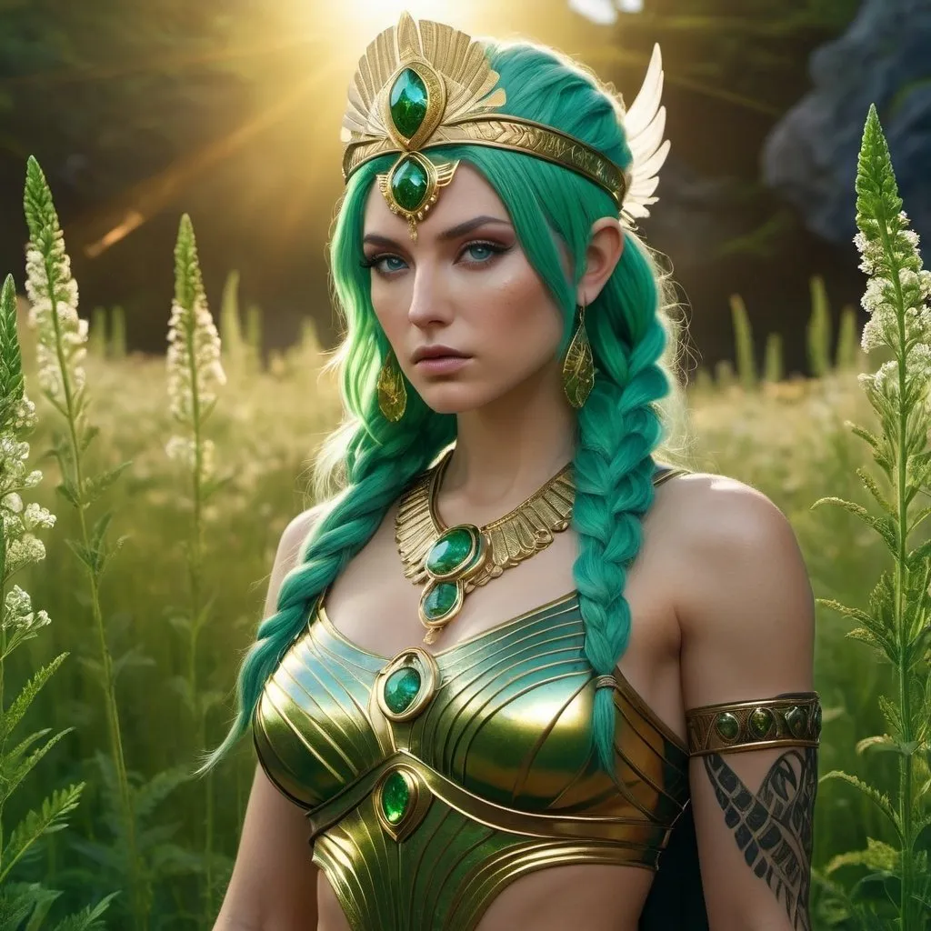 Prompt: HD 4k 3D, 8k, hyper realistic, professional modeling, ethereal Greek Goddess and Amazonian Warrior, green hair, pale skin, gorgeous glowing face, Amazonian Warrior fur armor, sphalerite jewelry and headband, Amazon warrior, tattoos, full body, combative, in a field of yarrow flowers, surrounded by ambient divine glow, detailed, elegant, mythical, surreal dramatic lighting, majestic, goddesslike aura