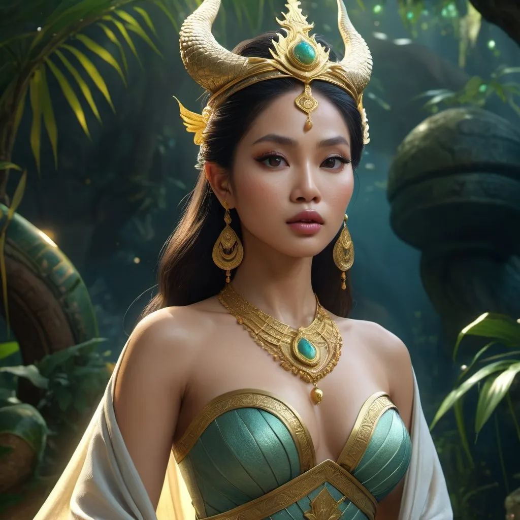 Prompt: HD 4k 3D, hyper realistic, professional modeling, enchanted Southeast Asian Princess - Raya, beautiful, magical, detailed, highly realistic woman, high fantasy background, Vietnam, Asian dragon, elegant, ethereal, mythical, Greek goddess, surreal lighting, majestic, goddesslike aura, Annie Leibovitz style 