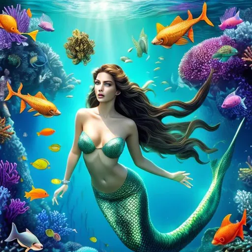 Prompt: HD 4k 3D 8k professional modeling photo hyper realistic beautiful evil woman ethereal greek goddess mermaid
green hair gorgeous face starfish  jewelry starfish diadem mermaid tail full body surrounded by ambient glow hd landscape swimming through underwater kelp forest 
