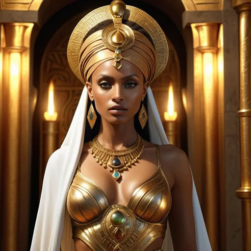 Prompt: HD 4k 3D 8k professional modeling photo hyper realistic beautiful woman Abyssinian princess - Nawa, ethereal greek goddess, Ethiopian goddess, full body surrounded by ambient glow, enchanted, magical, highly detailed, intricate, highly realistic woman, high fantasy background, Queen of Sheba style, elegant, mythical, surreal lighting, majestic, goddesslike aura, Annie Leibovitz style 

