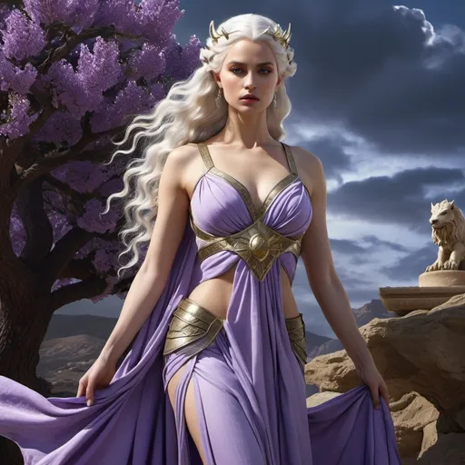 Prompt: HD 4k 3D 8k professional modeling photo hyper realistic beautiful woman enchanted, Princess Rhaenys, The Targaryen dragons were the last known to exist and died out long before the events of A Game of Thrones. People of Targaryen ancestry, referred to as "blood of the dragon", tend to have silvery-gold or platinum hair and purple eyes ranging from lilac to violet, ethereal greek goddess, full body surrounded by ambient glow, magical, highly detailed, intricate, outdoor  landscape, high fantasy background, elegant, mythical, surreal lighting, majestic, goddesslike aura, Annie Leibovitz style 

