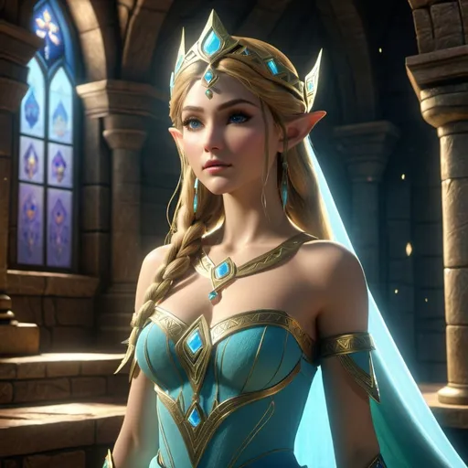 Prompt: HD 4k 3D, hyper realistic, professional modeling, enchanted Elf Princess - Zelda beautiful, magical, mystical castle, detailed, elegant, ethereal, mythical, Greek goddess, surreal lighting, majestic, goddesslike aura