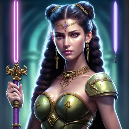Prompt: HD 4k 3D 8k professional modeling photo hyper realistic beautiful woman ethereal greek goddess of judicial punishment
light purple pigtails hair brown eyes olive skin gorgeous face shimmering gem encrusted armor regal jewelry regal headpiece holding keys and weapon full body surrounded by ambient glow hd landscape background she guards prisoners, cells, prison, cages, lions and tigers
