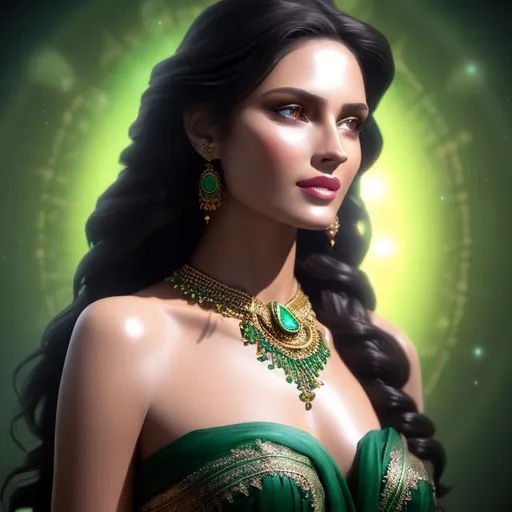 Prompt: HD 4k 3D 8k professional modeling photo hyper realistic beautiful womann ethereal greek goddess of blessed death
long black hair green eyes fair skin gorgeous face enchanting grecian dress beautiful jewelry spring crown full body surrounded by mystical ambient glow hd landscape lush vibrant springtime altar 
