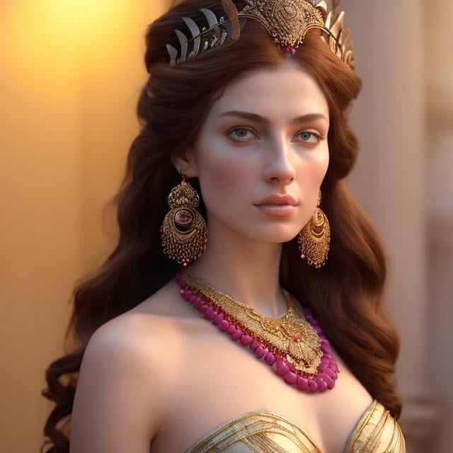 Prompt: HD 4k 3D, hyper realistic, professional modeling, ethereal Greek warrior goddess, pink and red hair, pale skin, gorgeous face, gorgeous peasant gown, modest jewelry and headband, full body, ambient glow, agriculture goddess, standing in front of flour mills, detailed, elegant, ethereal, mythical, Greek, goddess, surreal lighting, majestic, goddesslike aura