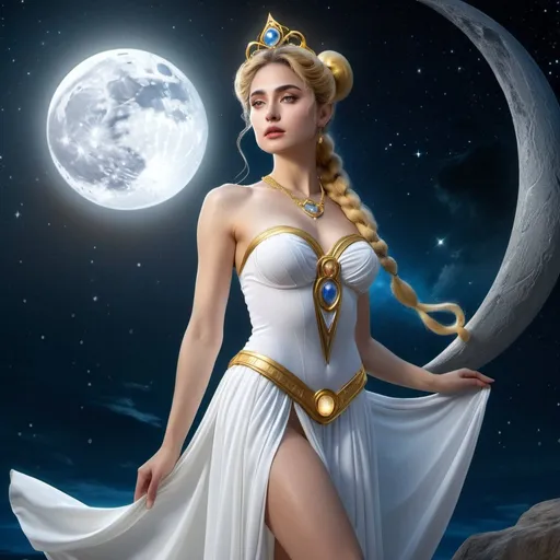 Prompt: HD 4k 3D 8k professional modeling photo hyper realistic beautiful woman enchanted Moon Princess Serenity, ethereal greek goddess, full body surrounded by ambient glow, magical, highly detailed, intricate, beautiful Sailor Moon style, Moon, lunar, outdoor landscape, highly realistic woman, high fantasy background, elegant, mythical, surreal lighting, majestic, goddesslike aura, Annie Leibovitz style 

