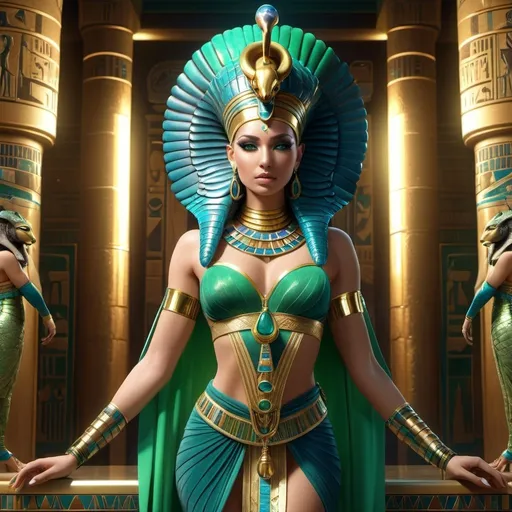 Prompt: HD 4k 3D, 8k, hyper realistic, professional modeling, ethereal Egyptian Goddess style, Cobra Goddess, beautiful, luxurious temple with gemstones, treasure, and cobras, glowing pale skin, green hair, mythical blue and green feathered gown, diadem, full body, Fantasy setting, surrounded by ambient divine glow, detailed, elegant, surreal dramatic lighting, majestic, goddesslike aura, octane render, artistic and whimsical