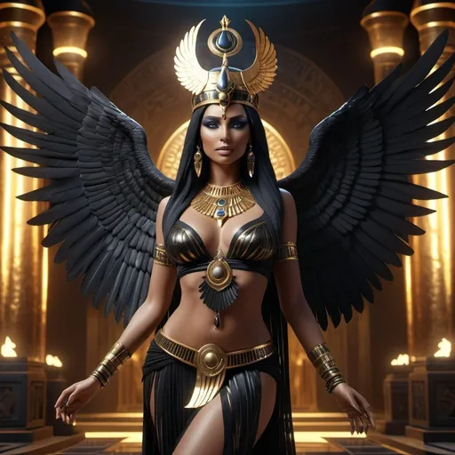Prompt: HD 4k 3D, 8k, hyper realistic, professional modeling, ethereal Egyptian Goddess of Death, beautiful with black feather wings, glowing ivory skin, bronze hair, mythical dark outfit and jewelry, crown of death, full body, goddess of dark magic, Fantasy Underworld setting, surrounded by ambient divine glow, detailed, elegant, surreal dramatic lighting, majestic, goddesslike aura, octane render, artistic and whimsical