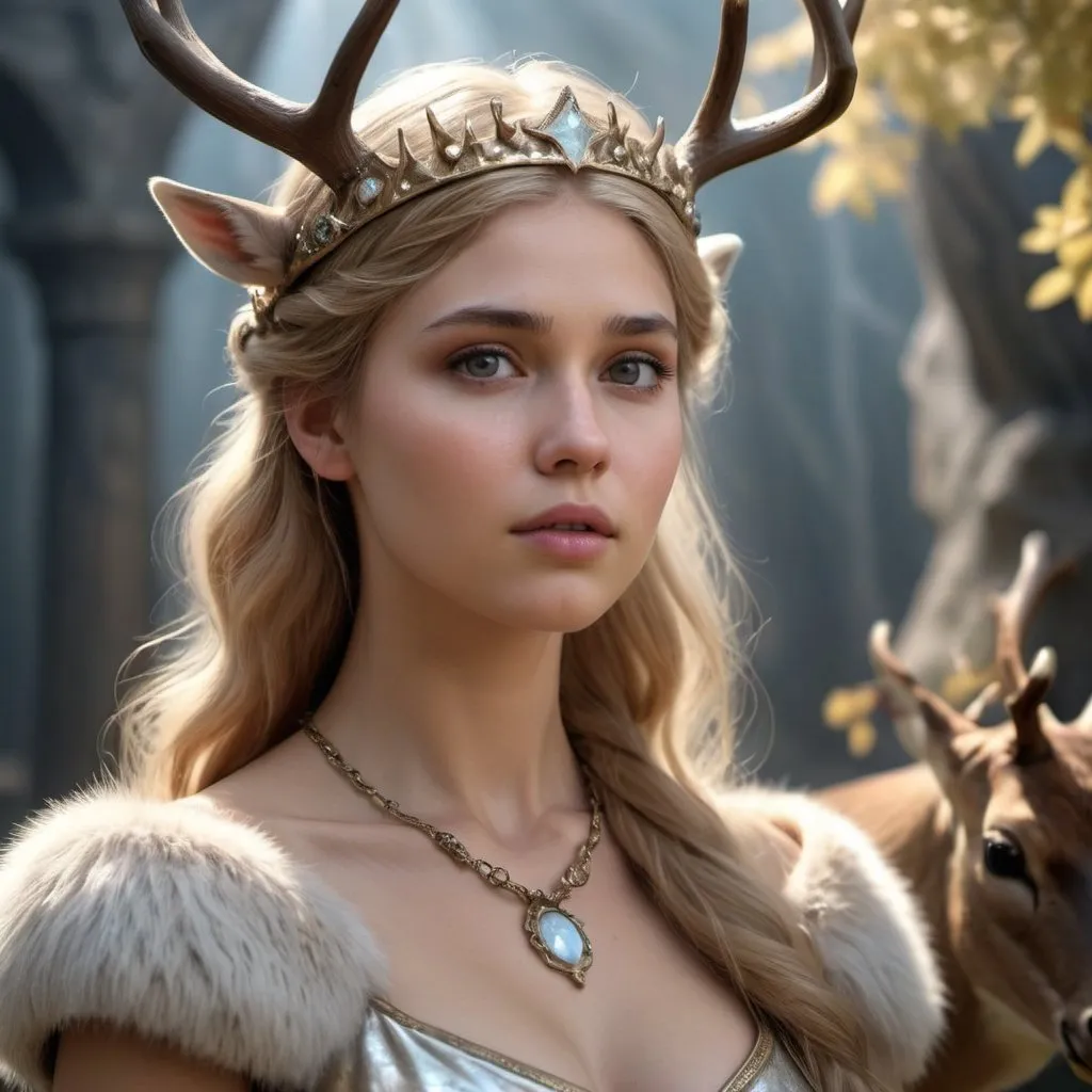 Prompt: HD 4k 3D, hyper realistic, professional modeling, enchanted Westeros Princess - Myrcella, kind, beautiful, magical, deer, high fantasy background, detailed, highly realistic woman, elegant, ethereal, mythical, Greek goddess, surreal lighting, majestic, goddesslike aura