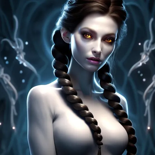 Prompt: HD 4k 3D 8k professional modeling photo hyper realistic beautiful demon woman ethereal greek goddess of ghosts, nightmares and madness
white double braided buns hair beautiful eyes pale skin gorgeous face yellow grecian dress gothic jewelry death crown full body surrounded by magical ambient glow hd landscape spooky ghosts, nightmares, moon, dark magic
