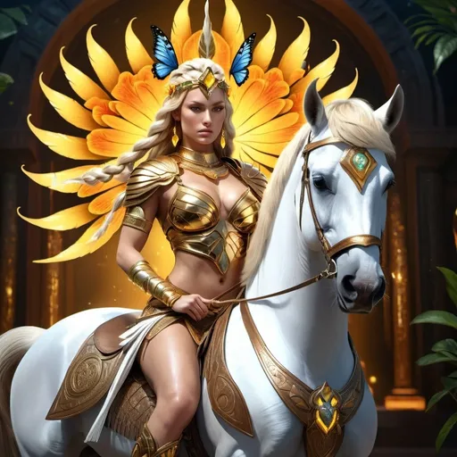 Prompt: HD 4k 3D, 8k, hyper realistic, professional modeling, ethereal Greek Goddess and Amazonian Warrior, blonde braided hair, white skin, gorgeous glowing face, Amazonian Warrior armor, citrine jewelry and headpiece, Amazon warrior, tattoos, full body, fierce, adorned with butterflies and alstroemeria flowers, riding a mare, surrounded by ambient divine glow, detailed, elegant, mythical, surreal dramatic lighting, majestic, goddesslike aura