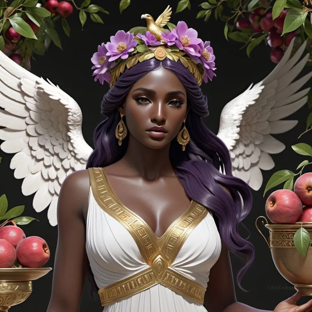 Prompt: HD 4k 3D, hyper realistic, professional modeling, ethereal Greek Goddess of Youth, dark purple hair, black skin, gorgeous face,  grecian sleeveless dress, gold jewelry and floral headband, full body, wings,  eternal youth and beauty, cup-bearer, eagle companion, pomegranates, and blooming floral garden, detailed, elegant, ethereal, mythical, Greek, goddess, surreal lighting, majestic, goddesslike aura